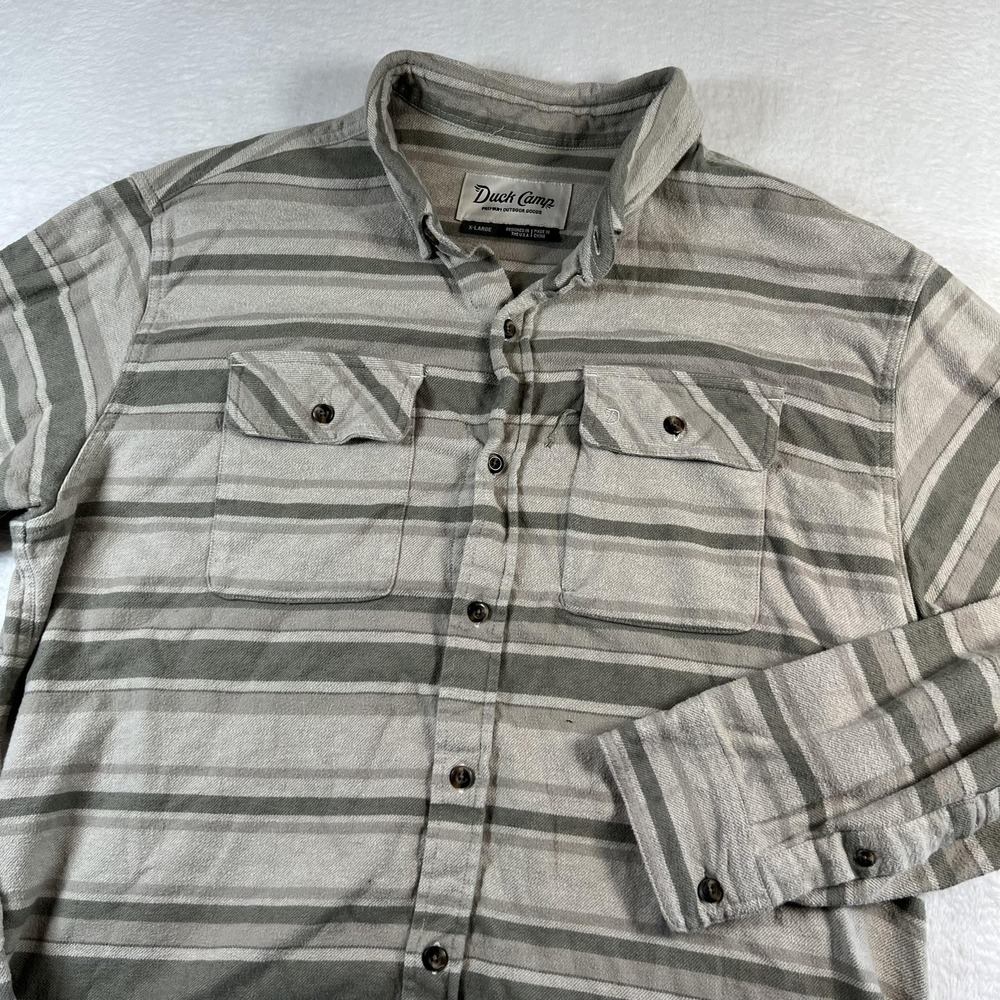 Duck Camp Shirt Mens XL Beige Striped Flannel Long Sleeve Button Up Outdoor
